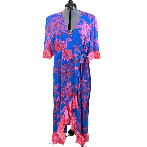 Hope & Ivy Maternity Floral Wrap Dress Size 16 Pregnancy Boho Blue & Pink - Picture 1 of 7